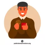 Pria minum kopi dengan kue