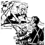 Vektorigrafiikka miehestä, joka kohtaa vihaisen leijonan