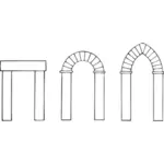 Vector clip art of three different arch types in simple black and white