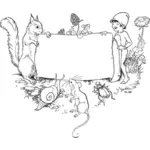Vector de dibujo de los niños y animales de madera sosteniendo un tablón de anuncios