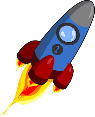 Blue and red rocket with engines ignited vector graphics