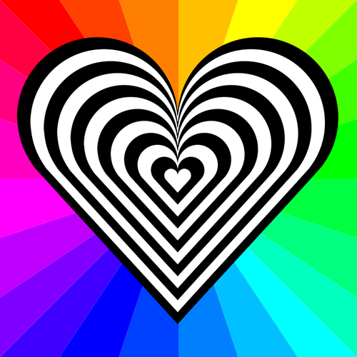 Vector image of a patterned heart with rainbow background