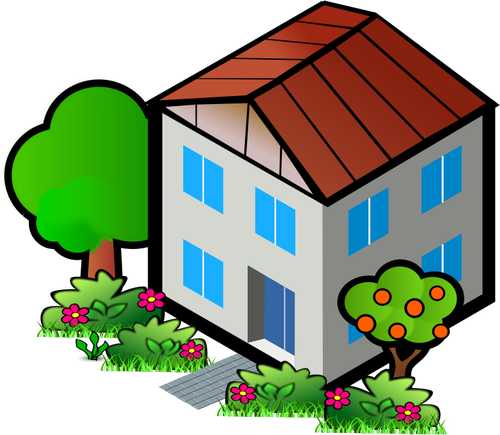 Vector de dibujo de la casa de al lado de un manzano