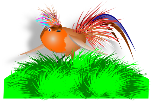 Vector drawing of colorful bird on grass