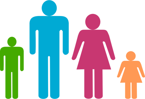Blue man e rosa mulher com pictograma de crianças
