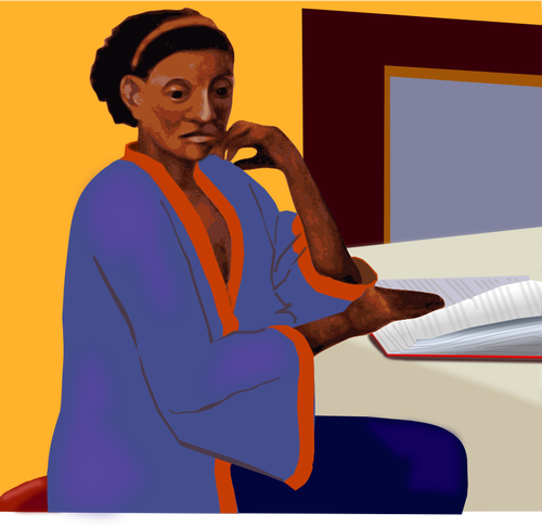 Signora afroamericana leggendo un libro presso un ClipArt di vector table