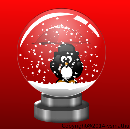 Pinguin în glob de zăpadă pe fundal roşu de desen vector