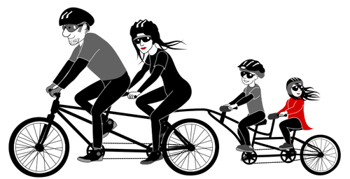 Neljän hengen perhe ajaa tandem-pyörävektoripiirustusten kanssa