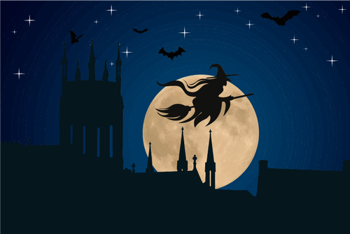 Halloween penyihir terbang di moonlight gambar vektor