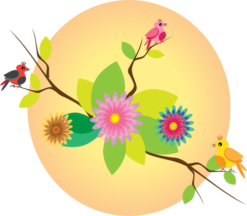 Pájaros y flores en figura de sol