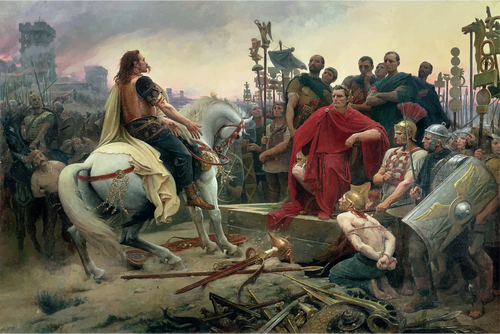 Vercingetorix melempar senjata di kaki Julius Caesar