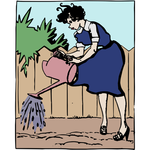 Frau wässert einen Garten