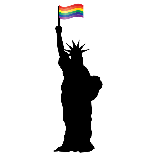 Socha svobody s vlajkou LGBT