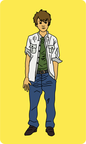 Vectorillustratie van jonge man permanent in wit overhemd en een blauwe broek