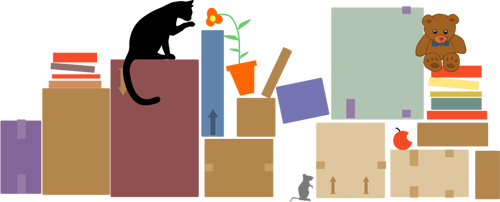 Vector illustration of cat, mouse and teddy between packed boxes