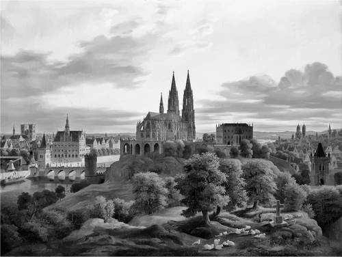 Illustration av medeltida staden Panorama i grå färg