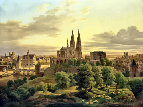 色の中世の街のパノラマの図面
