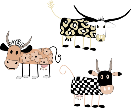 Gráficos vetoriais do conjunto de vacas decoradas dos desenhos animados