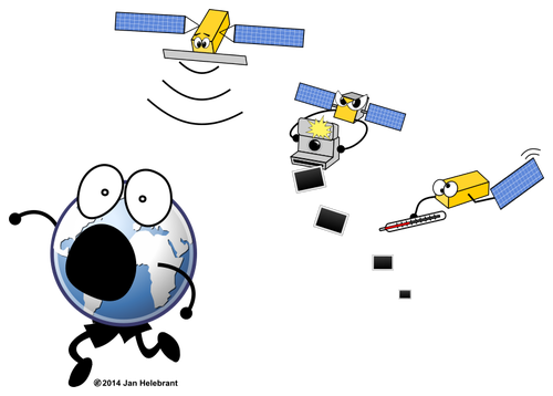 उपग्रहों और दुनिया के बारे में कार्टून