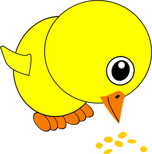 Lucu chick kuning makan biji-bijian vektor gambar