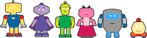 Grafica vettoriale di personaggi variopinti robot con contorni