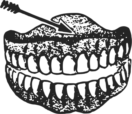 Ilustração em vetor preto e branco da dentadura humana com seta