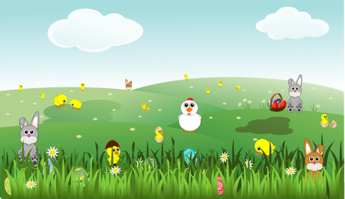 Easter landscape with bunnies, chicks, eggs, chicken, flowers