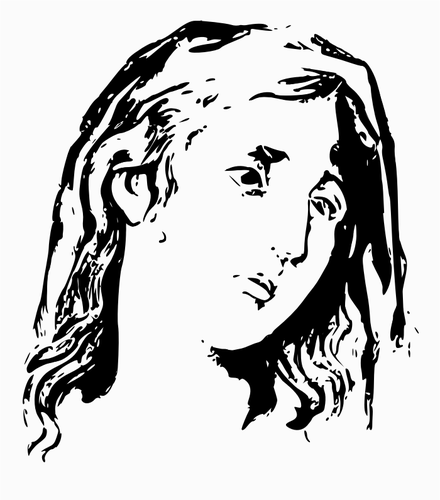 אישה צעירה עצוב פרופיל שחור ולבן ציור וקטורי