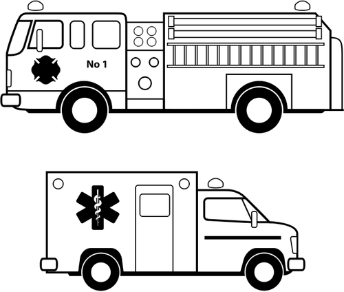 Скорая помощь и пожарная грузовик линии Арт векторное изображение