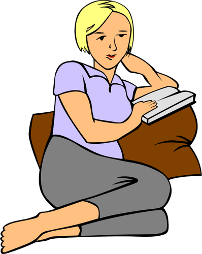 Desenho de mulher lendo um livro sobre um travesseiro vetorial