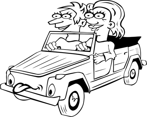 Vektorikuva tytöstä ja pojasta ajamassa hassua autoa