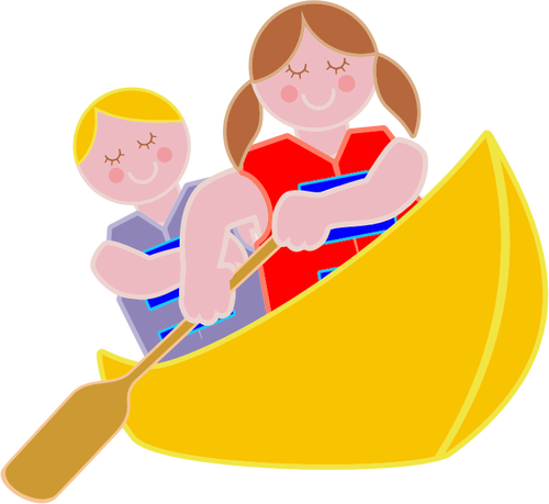 Niña y niño remando en canoa