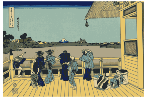 Vektorové ilustrace mužů a žen při pohledu na horu Fudži terasy