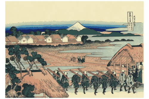 Fuji mountain gezien vanuit Senju, over de straat van de bloemen van Yoshiwara vector illustraties