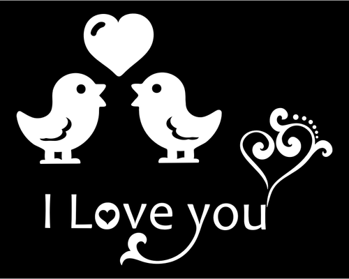 Gambar dari sebuah tanda "I love you" yang dihiasi oleh hati dan burung.