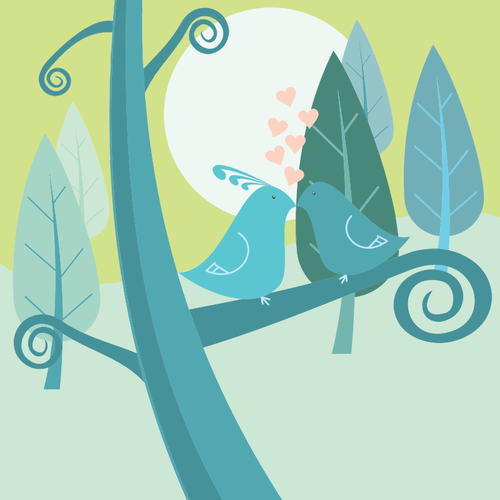 Vector afbeelding van liefde vogels op een bos-boom