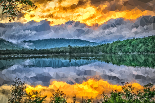 Prismático visión del amanecer lago