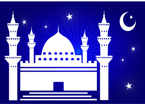 Vector illustraties van nightime moskee met sterren en maan boven