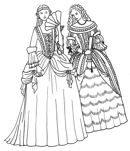 两个女人在巴洛克式连衣裙