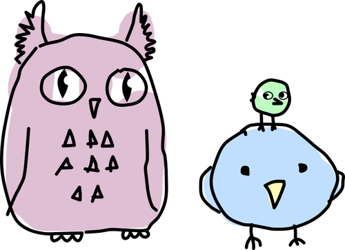 Pöllö ja kaksi lintua sarjakuva piirustus
