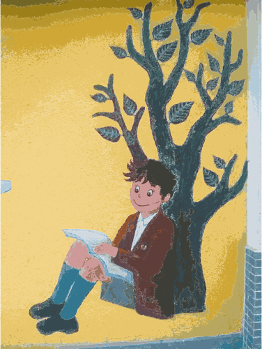 Мальчик, читая книгу росписи Векторный рисунок