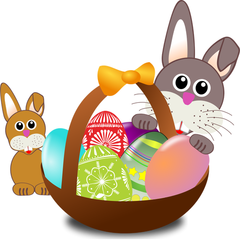 宝宝兔和复活节彩蛋篮背后的小兔子矢量图