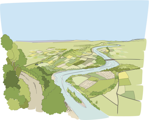 ציור של נהר הזורם דרך שדות ירוקים