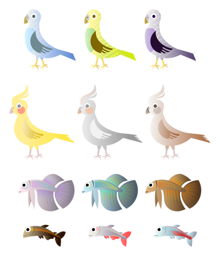 Çizim basit kuşlar ve balıklar renk
