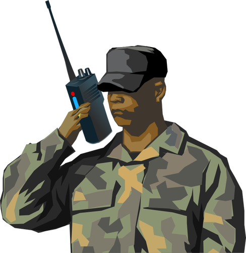 Soldat avec walkie talkie radio de dessin vectoriel