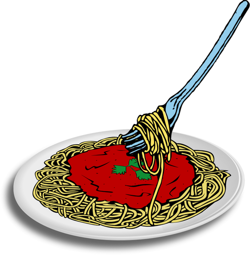 Image vectorielle de spaghettis dans une assiette avec une fourchette