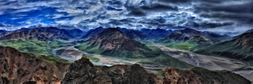 Surrealistisch panoramisch uitzicht op de bergen