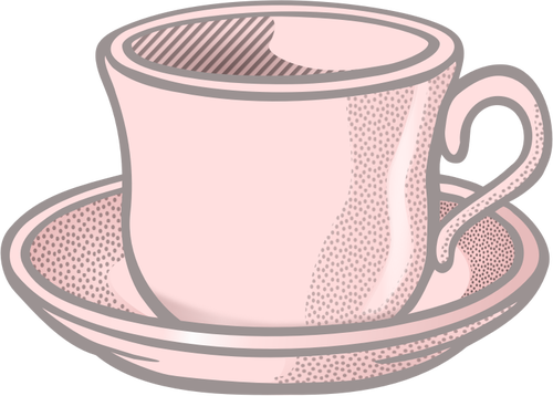 Vektorikuva vaaleanpunaisesta aaltoilevasta teekupista lautasen päällä