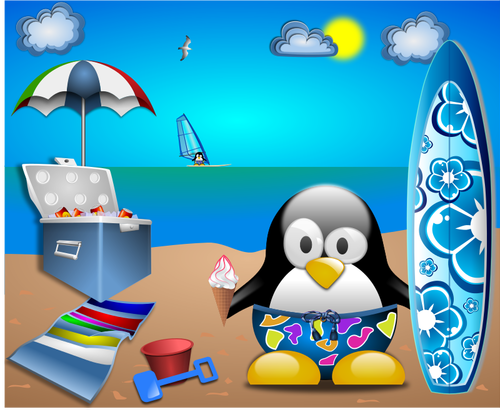 Pinguino su immagine vettoriale spiaggia sabbiosa