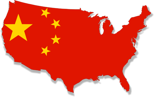 Mapa USA s čínskými vlajky nad ním Vektor Klipart